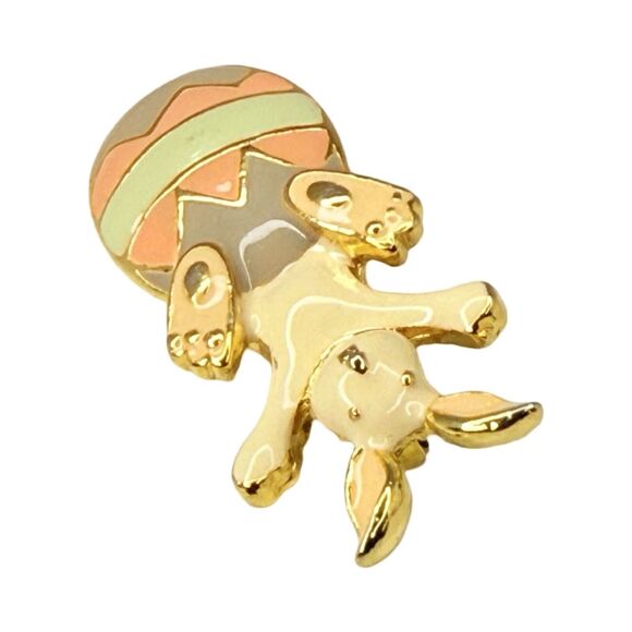 VTG Steinmetz Easter Bunny Egg Brooch Pin 1 5/8" Gold Tone Pastel Enamel Signed - Picture 4 of 10